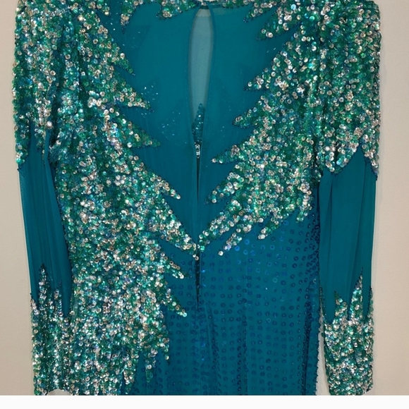 Vintage Landa Aqua Green Silk Sequin Beaded Long Evening Gown - Picture 8 of 9